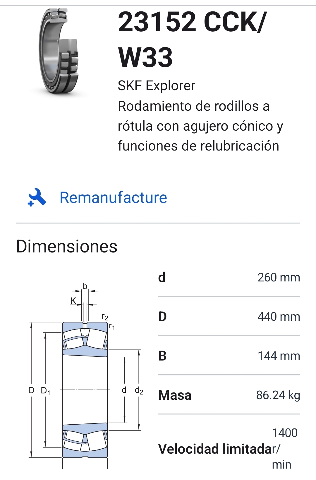 23152 CCK/W33 Rodamiento rodillos a rótula con agujero cónico 260x440x144 2