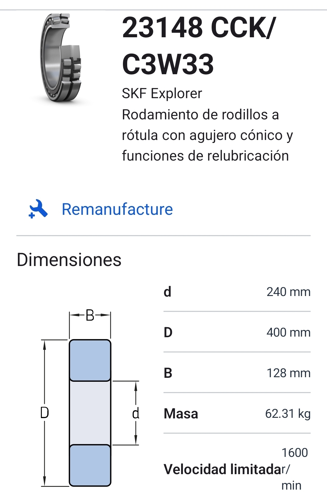 23148 CCK/C3W33 Rodamiento rodillos a rótula con agujero cónico 240x400x128 2