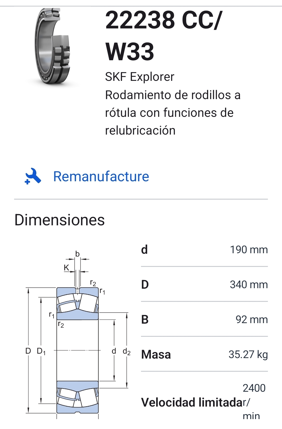 22238 CC/W33 Rodamiento de rodillos a rótula 190x340x92 2
