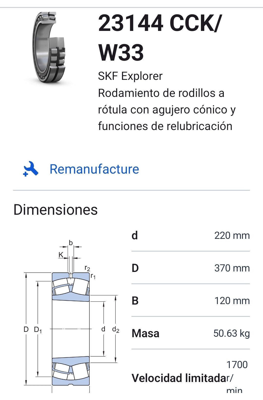 23144 CCK/W33 Rodamiento rodillos a rótula con agujero cónico 220x370x120 mm 2