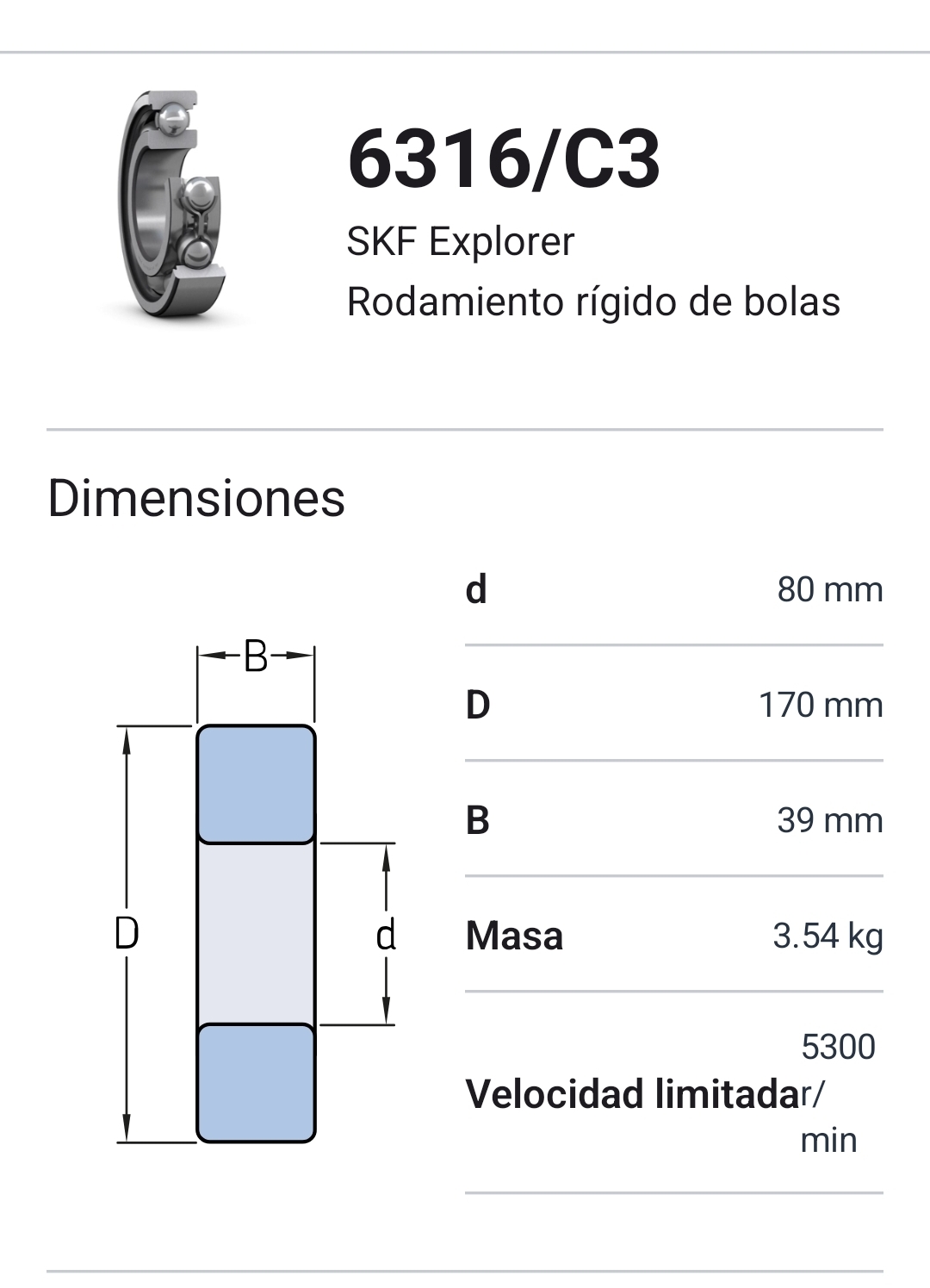 6316/C3 Rodamiento rígido de bolas Medidas: 80x170x39 2