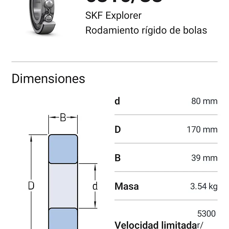6316/C3 Rodamiento rígido de bolas Medidas: 80x170x39 2