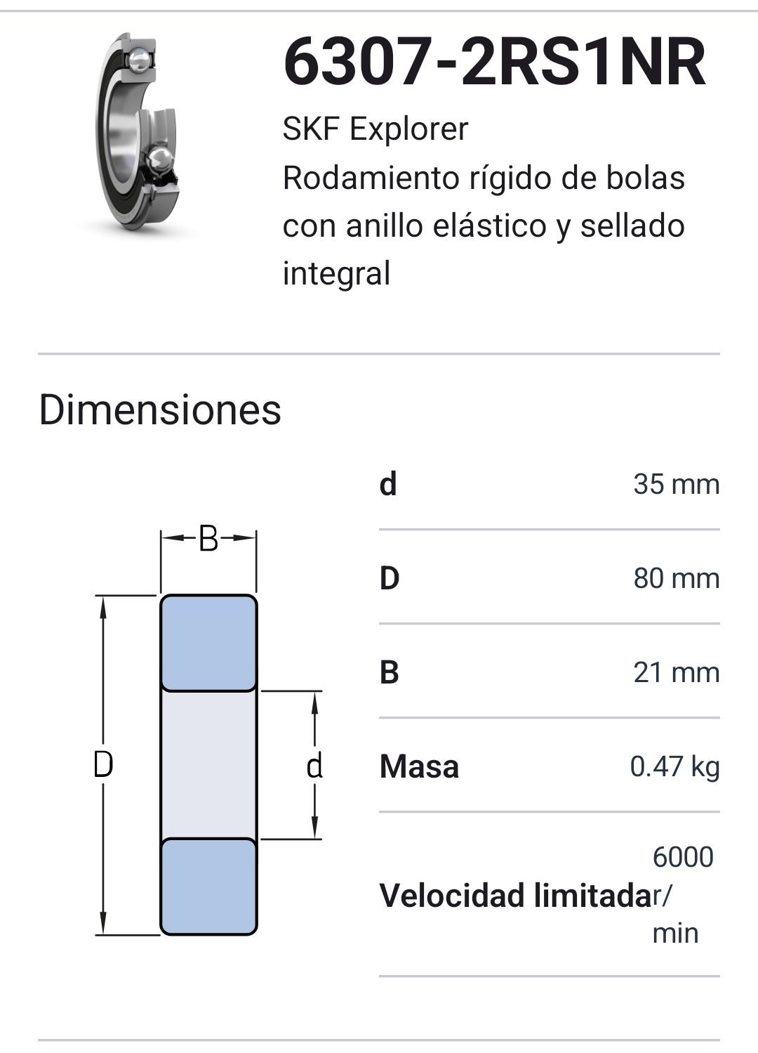 6307-2RS1NR - Rodamiento Rígido De Bolas Medidas: 35x80x21 Mm. 2