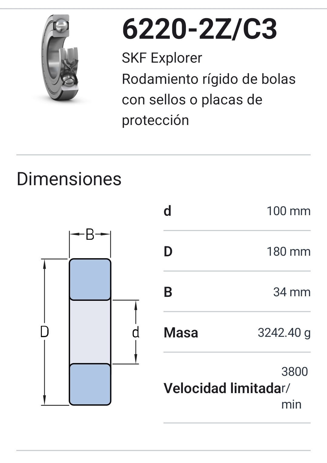 6220-2Z/C3 Rodamiento Rígido De Bolas Medidas: 100x180x34 mm. 2