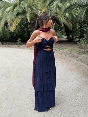 Vestido Strapless azul plisado 