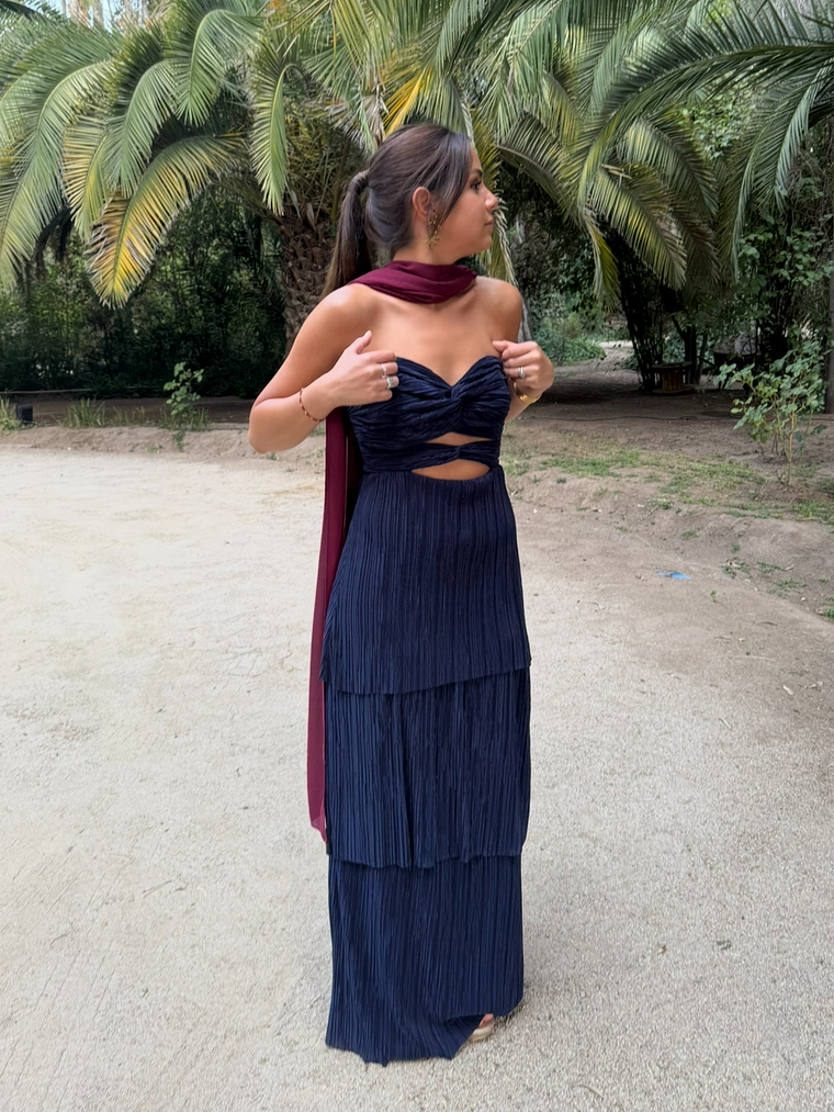 Vestido Strapless azul plisado  1