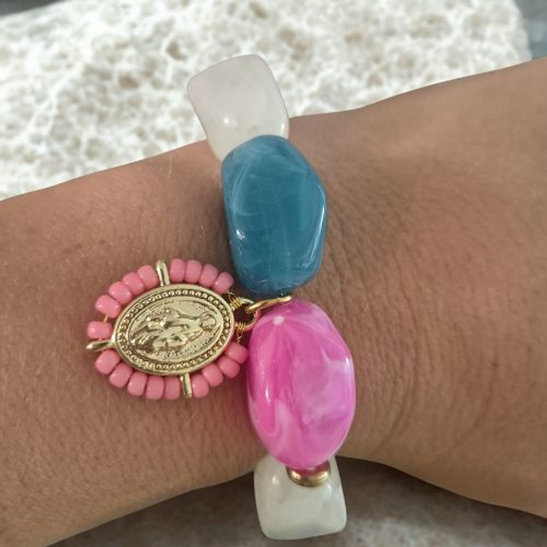 Pulseras de piedras- virgen de protección-rosada celeste 1
