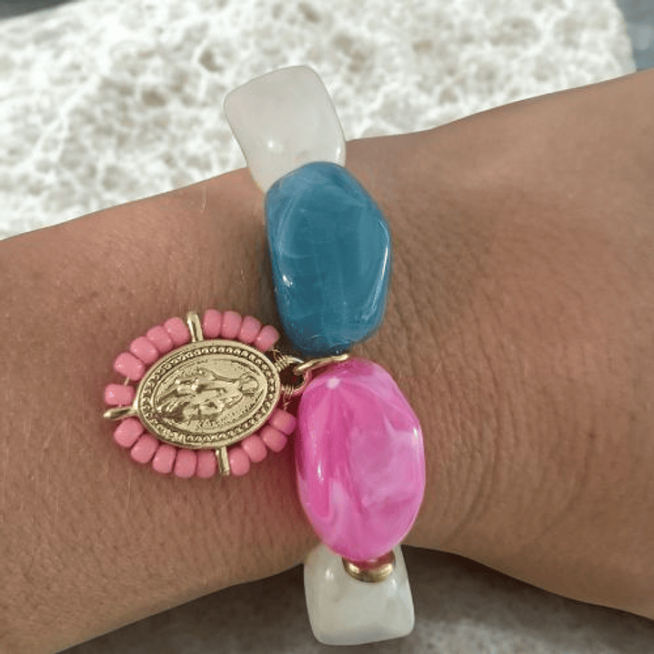 Pulseras de piedras- virgen de protección-rosada celeste 1