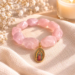 Pulsera Virgen de Guadalupe piedras palo rosa