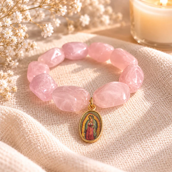 Pulsera Virgen de Guadalupe piedras palo rosa 1