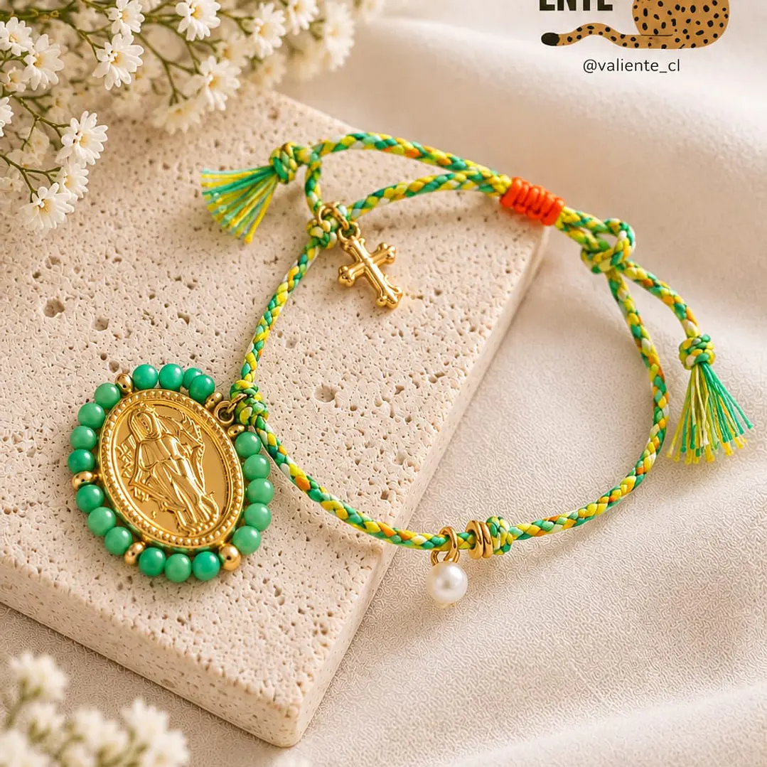 Pulsera hilo Medalla acero mostacillas-Verde 1