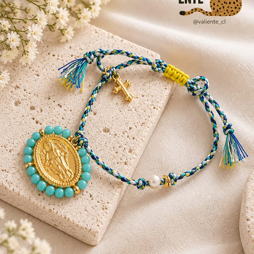 Pulsera hilo Medalla acero mostacillas-Celeste 1