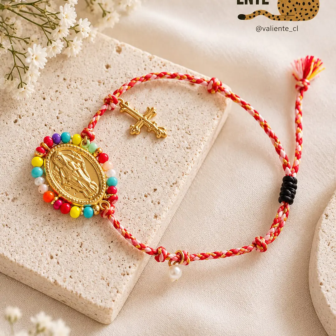 Pulsera hilo Medalla acero mostacillas-Roja 1