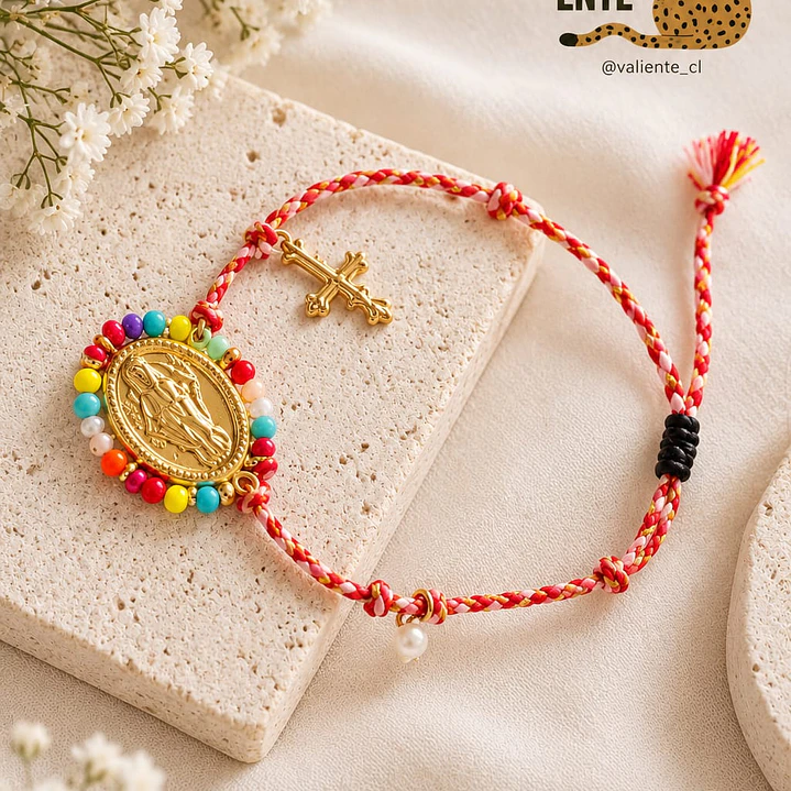 Pulsera hilo Medalla acero mostacillas-Roja 1