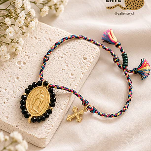 Pulsera hilo Medalla acero mostacillas-Negra