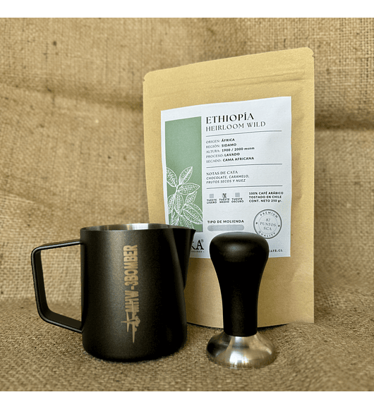 COMBO - Café 250 Gr + Pitcher Negro 400 ml + Tamper Negro 51 mm