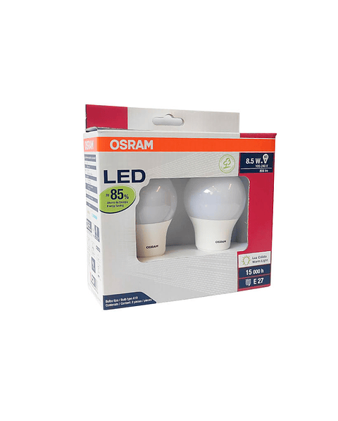 Pack 2 Ampolletas LED OSRAM 8,5W E27 Luz Cálida