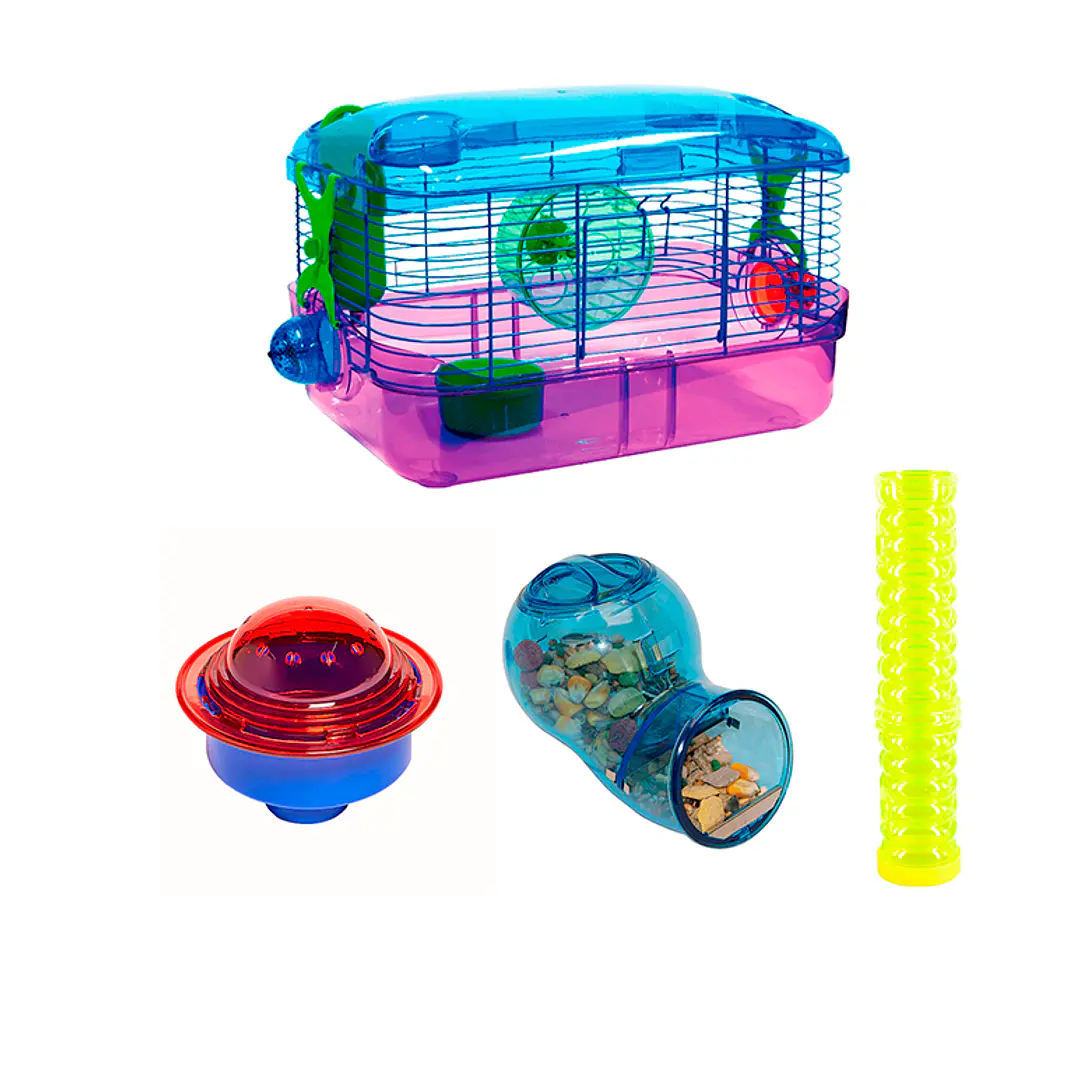 Combo Kaytee Jaula Lighted + Dispensador de comida + Look Out + Tubo 1