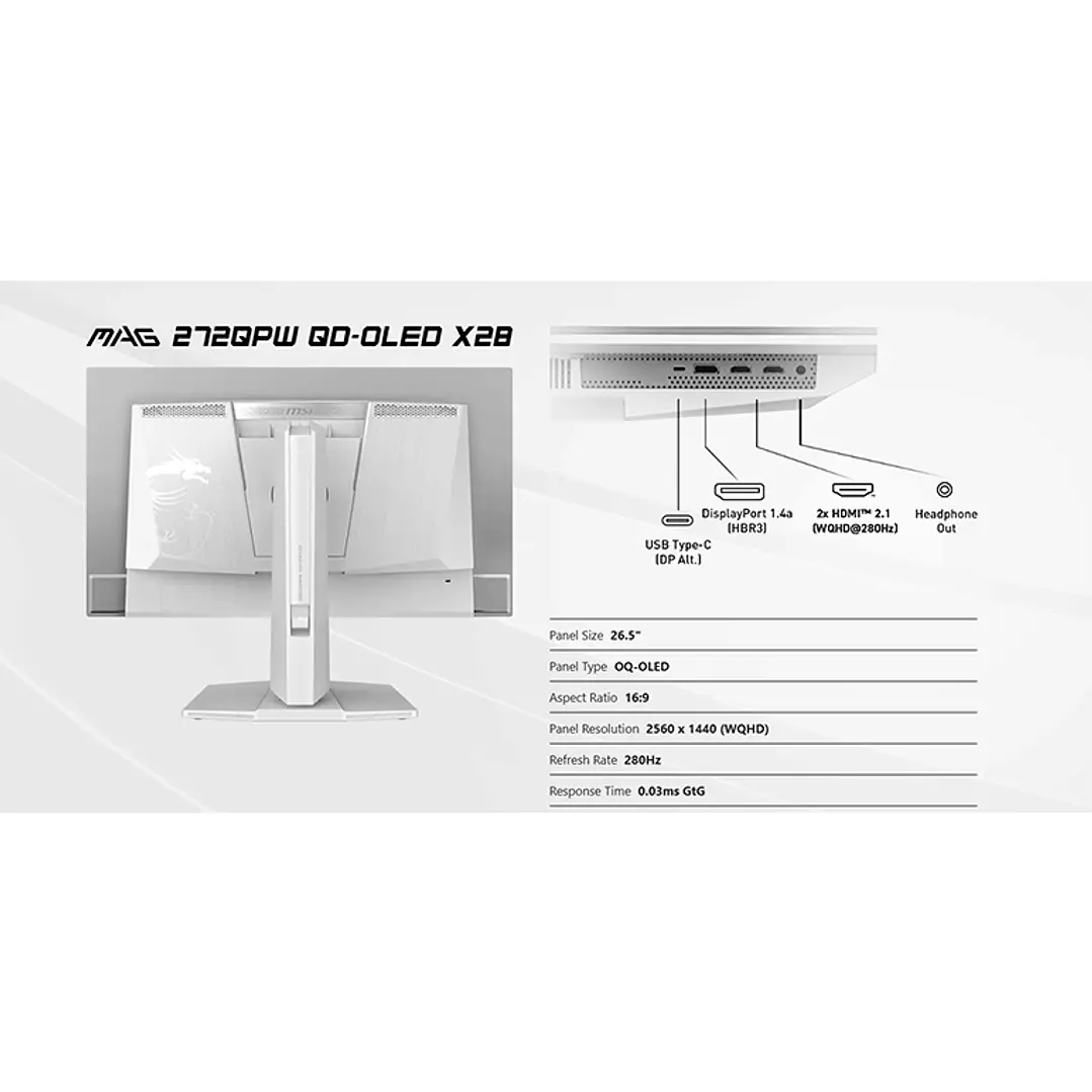 Monitor Gamer MSI 27” MAG 272QPW QD-OLED X28 280HZ 0.03ms 6