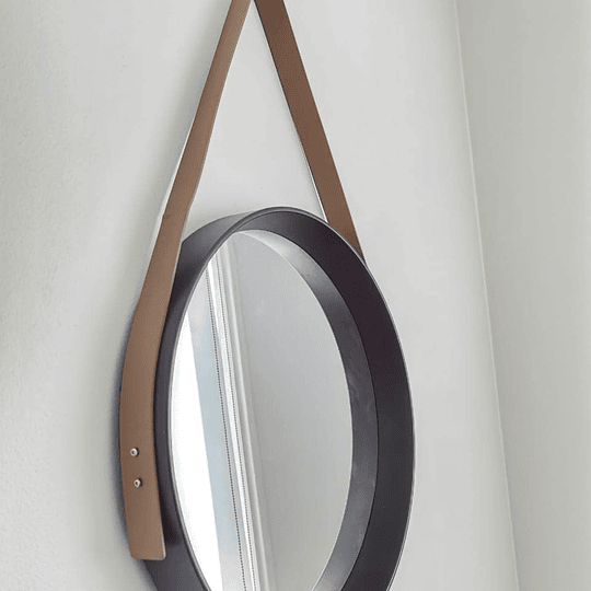 Espejo redondo negro 52x52x5 cm con correa cuero