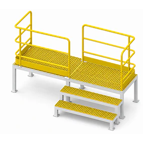 Plataforma Industrial FRP grating 38x38x38mm, largo 2.4m, ancho 1m, altura de piso 0.8m.