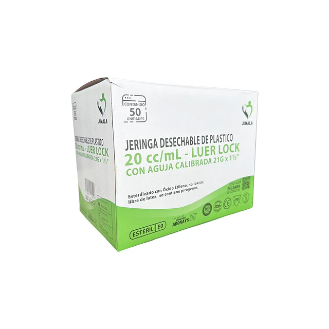 Jeringa Desechable Jumala Luer Lock 20ml 21g x 1 1/2