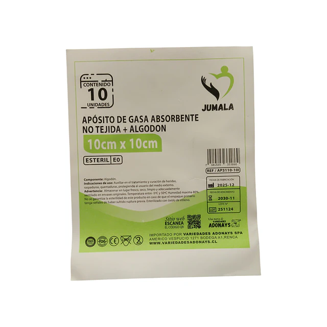 Apósito De Gasa Estéril Jumala 10x10 No Tejida 10 Unidades