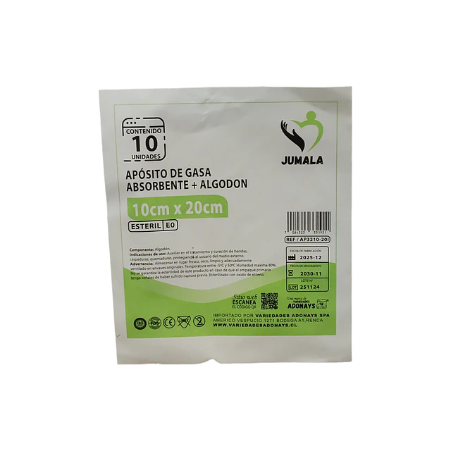 Aposito Gasa + Algodón Esteril Jumala 10x20 10 Unidades