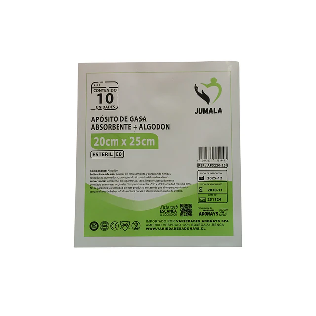Aposito Gasa + Algodón Esteril Jumala 20x25 10 Unidades
