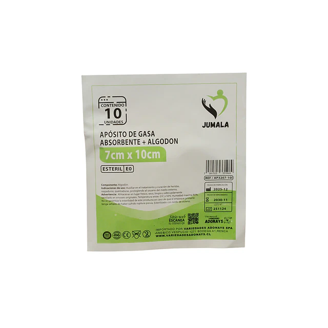 Aposito Gasa + Algodón Esteril Jumala 7x10 10 Unidades