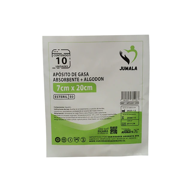 Aposito Gasa + Algodón Esteril Jumala 7x20 10 Unidades