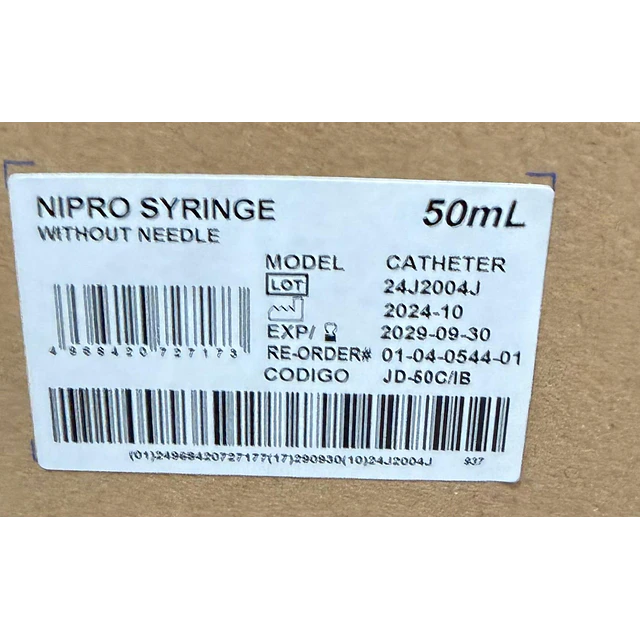 Jeringa Desechable Nipro Sin Aguja 50ml Punta Catéter Caja 30 Unidades