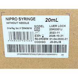 Jeringa Desechable Nipro Sin Aguja 20ml Luer Lock Caja 50 Unidades