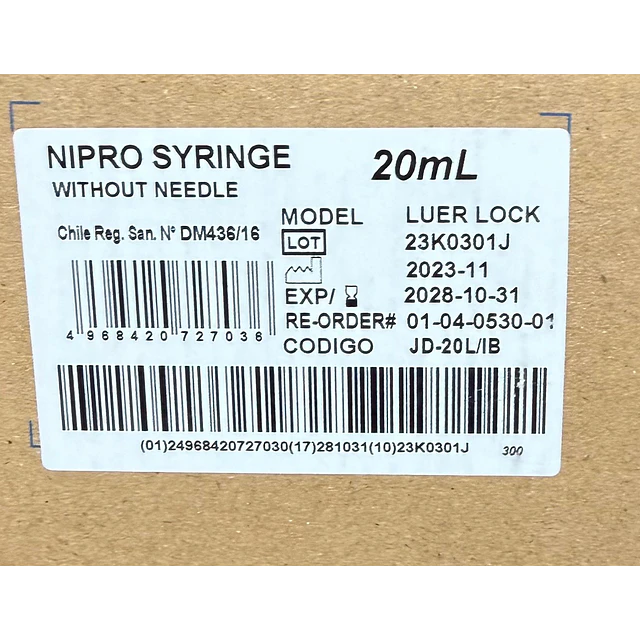 Jeringa Desechable Nipro Sin Aguja 20ml Luer Lock Caja 50 Unidades