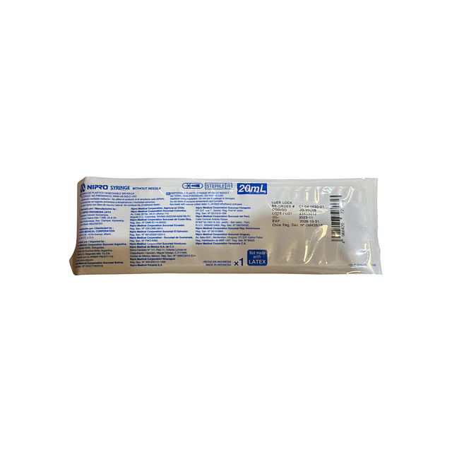 Jeringa Desechable Nipro Sin Aguja 20ml Luer Lock Caja 50 Unidades