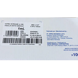 Jeringa Desechable Nipro 1ml Insulina 29g X 1/2 Caja 100 Unidades