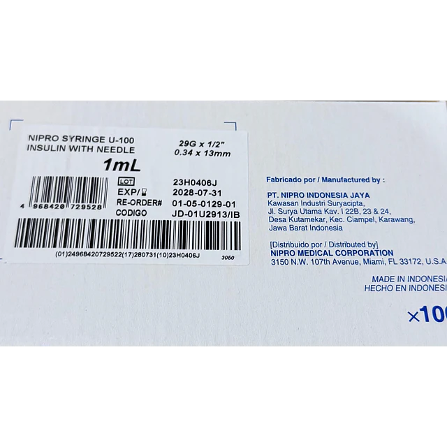 Jeringa Desechable Nipro 1ml Insulina 29g X 1/2 Caja 100 Unidades
