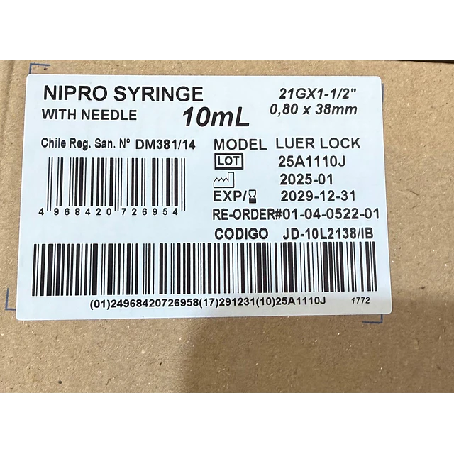 Jeringa Desechable Nipro 10ml Luer Lock 21gx1  1/2 Caja 100 Unidades