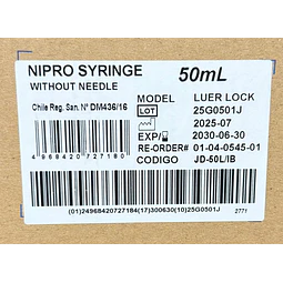 Jeringa Desechable Nipro Sin Aguja 50ml Luer Lock Caja 30 Unidades 
