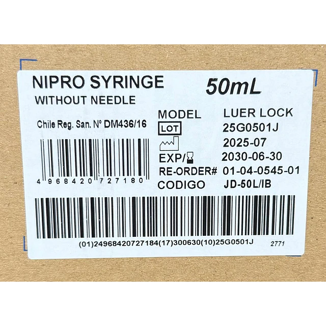 Jeringa Desechable Nipro Sin Aguja 50ml Luer Lock Caja 30 Unidades 
