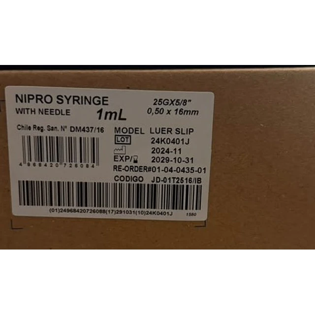 Jeringa Desechable Nipro Tuberculina 25g X 5/8 Caja 100 Unidades