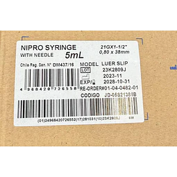 Jeringa Desechable Nipro 5ml Luer Slip 21g x 1 1/2 Caja 100 Unidades