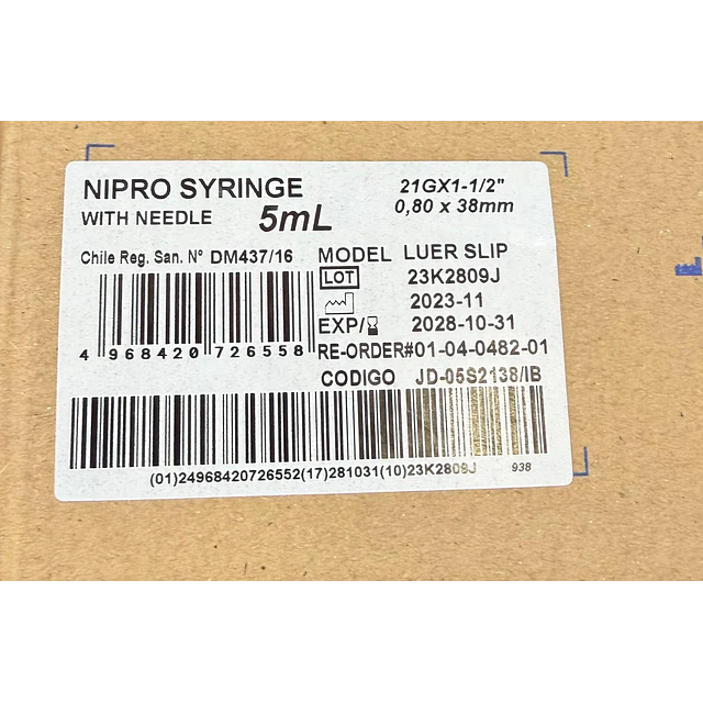Jeringa Desechable Nipro 5ml Luer Slip 21g x 1 1/2 Caja 100 Unidades