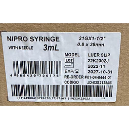 Jeringa Desechable Nipro 3ml Luer Slip 21g X 1 1/2 Caja 100 Unidades