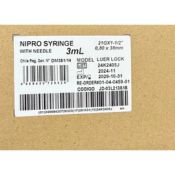 Jeringa Desechable Nipro 3ml Luer Lock 21g X 1 1/2 Caja 100 Unidades