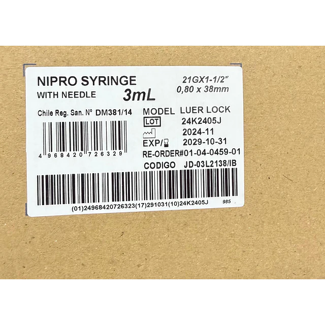 Jeringa Desechable Nipro 3ml Luer Lock 21g X 1 1/2 Caja 100 Unidades
