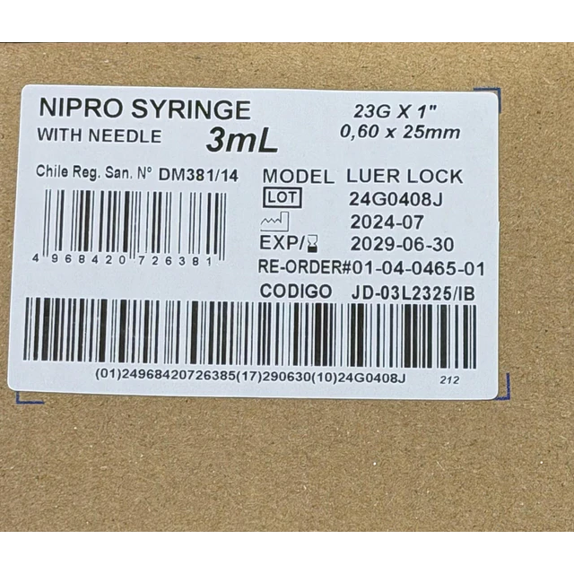 Jeringa Desechable Nipro 3ml Luer Lock 23g x 1 Caja 100 Unidades