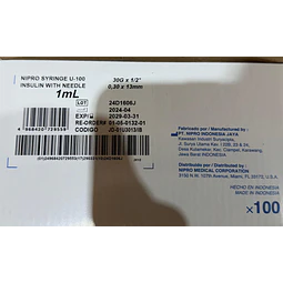 Jeringa Desechable Nipro 1ml Insulina 30g X 1/2 Caja 100 Unidades