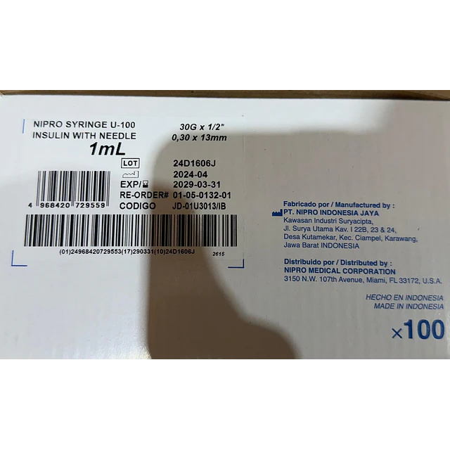 Jeringa Desechable Nipro 1ml Insulina 30g X 1/2 Caja 100 Unidades