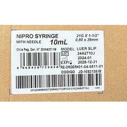 Jeringa Desechable Nipro 10ml Luer slip 21g X 1 1/2 Caja 100 Unidades